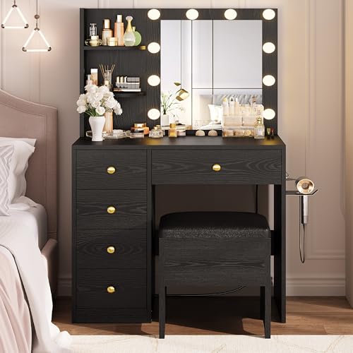 Vanity Desk with Mirror and Lights, 5 Drawers, Power Outlet, Stool C1758