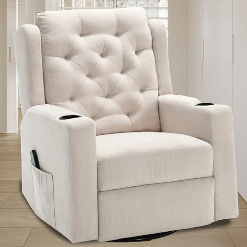 Oversized Swivel Rocker Recliners with Wide Seat Tufted Fabric Manual Recliner Chair with Cup Holders for Living Room, Nursery Rocking Glider Chairs (Beige, Large), Large(330lbs), WX1227GS