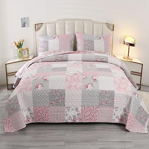 King Size Pink Plaid Patchwork Quilt Set Floral Rversible Quilted Bedspread Coverlet Set 3-Piece Grey Grid Flowers Lightweight Comforter Bedding Set Bed Sheet Cover Blanket with 2 Pillow Shams
