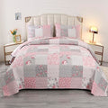 King Size Pink Plaid Patchwork Quilt Set Floral Rversible Quilted Bedspread Coverlet Set 3-Piece Grey Grid Flowers Lightweight Comforter Bedding Set Bed Sheet Cover Blanket with 2 Pillow Shams