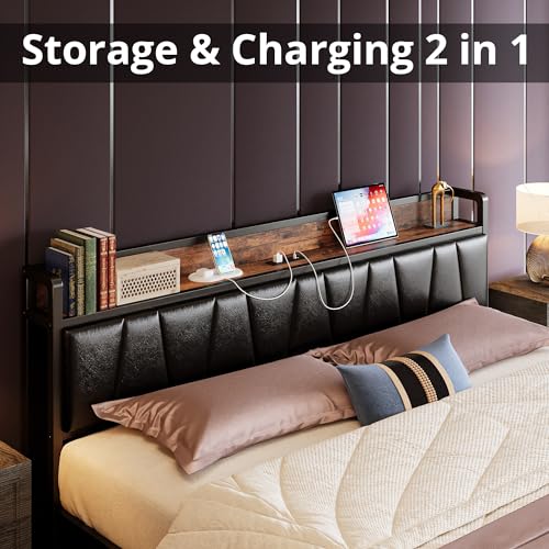 Full Size Bed Frame with Storage Headboard and Drawers, No Box Spring Needed C521