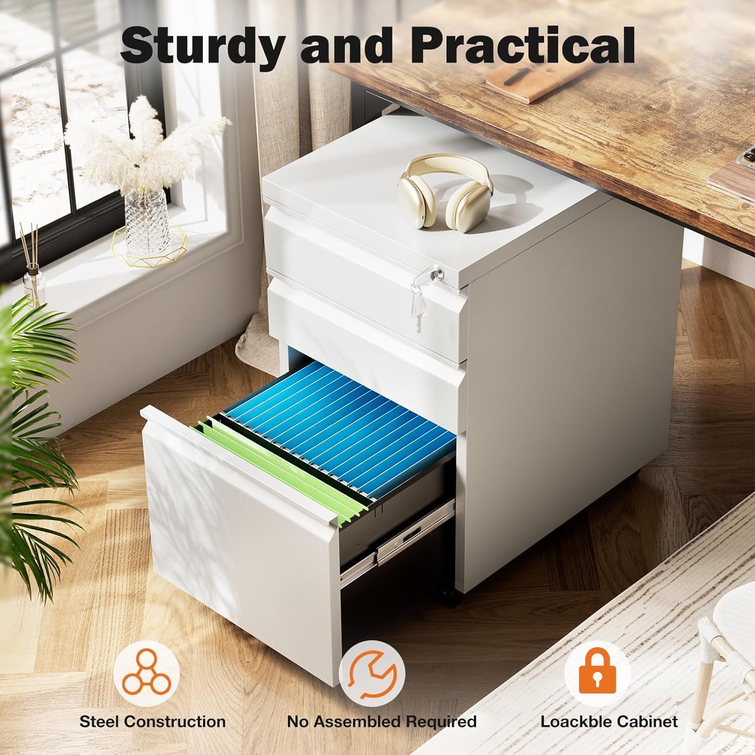 Locking 3-Drawer Filing Cabinet for Home Office, A4/Letter/Legal, Matte White P640874