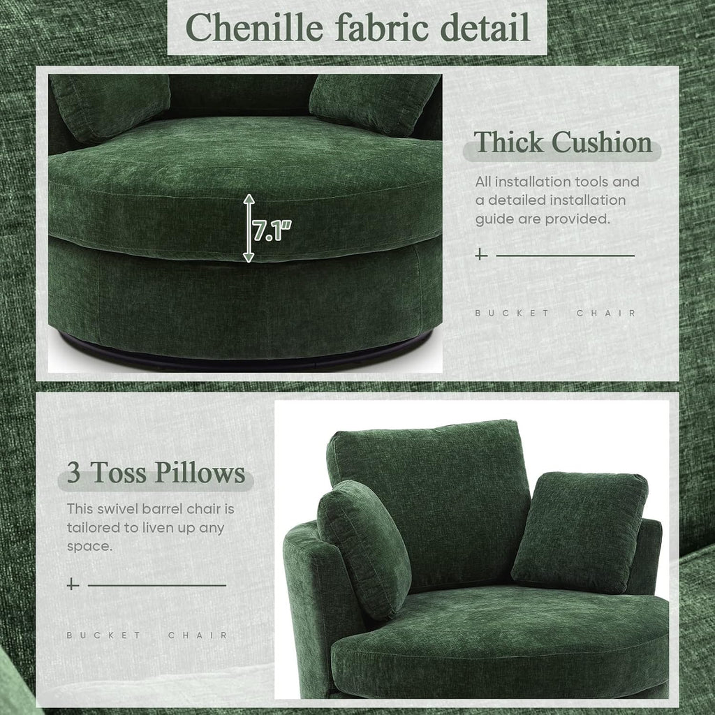 Boucle Swivel Barrel Chair with 3 Pillows, Green Chenille D465544