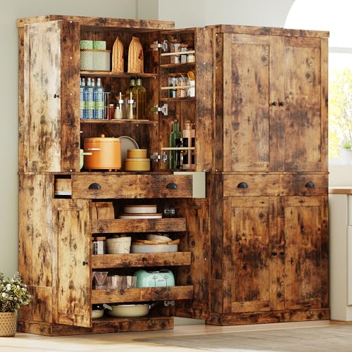 Kitchen Pantry Cabinet with Sliding Storage Rack and Hanging Shelves, 72" Tall Freestanding Cupboard E53271