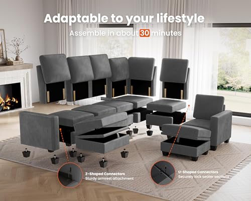 Modular Sectional Couch, Corduroy L Shaped Sleeper Sofa with Storage Ottoman W472