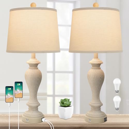 Set of 2 Touch Control Table Lamps for Living Room, 27" Bedside Lamps with 2 USB Ports, 3-Way Dimmable, Farmhouse Nightstand Lamps for Bedroom End Table Desk, White Fabric Shade, 7W LED Bulbs