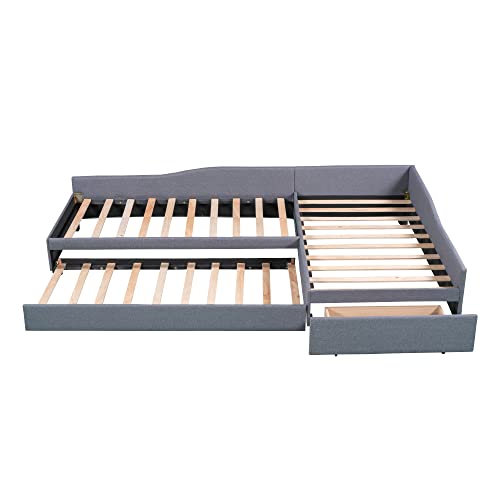 Upholstered Twin Daybed with Trundle and Drawer, Gray Y3451