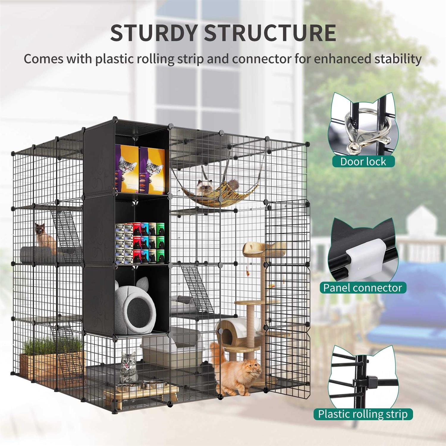 Cat Cage Indoor Large with Storage Cube DIY Catio Cat Enclosures Metal Cat Playpen with Hammock S7333