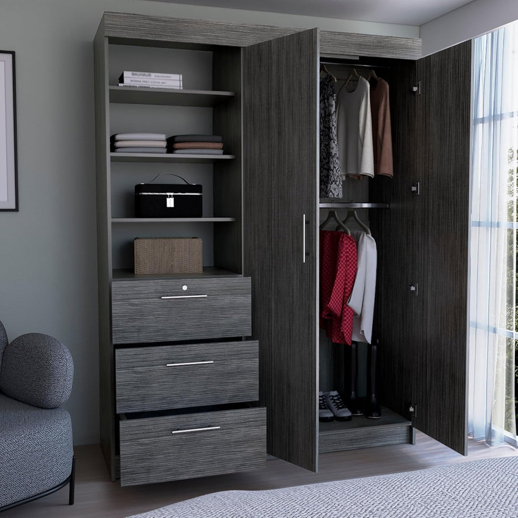 Armoire Wardrobe 2 Doors 3 Drawers, Clothes Cabinet with Shelves and Hanging Rod, Freestanding Wooden Closets Organization for Bedroom, 59″x20.5″x79″, Oak