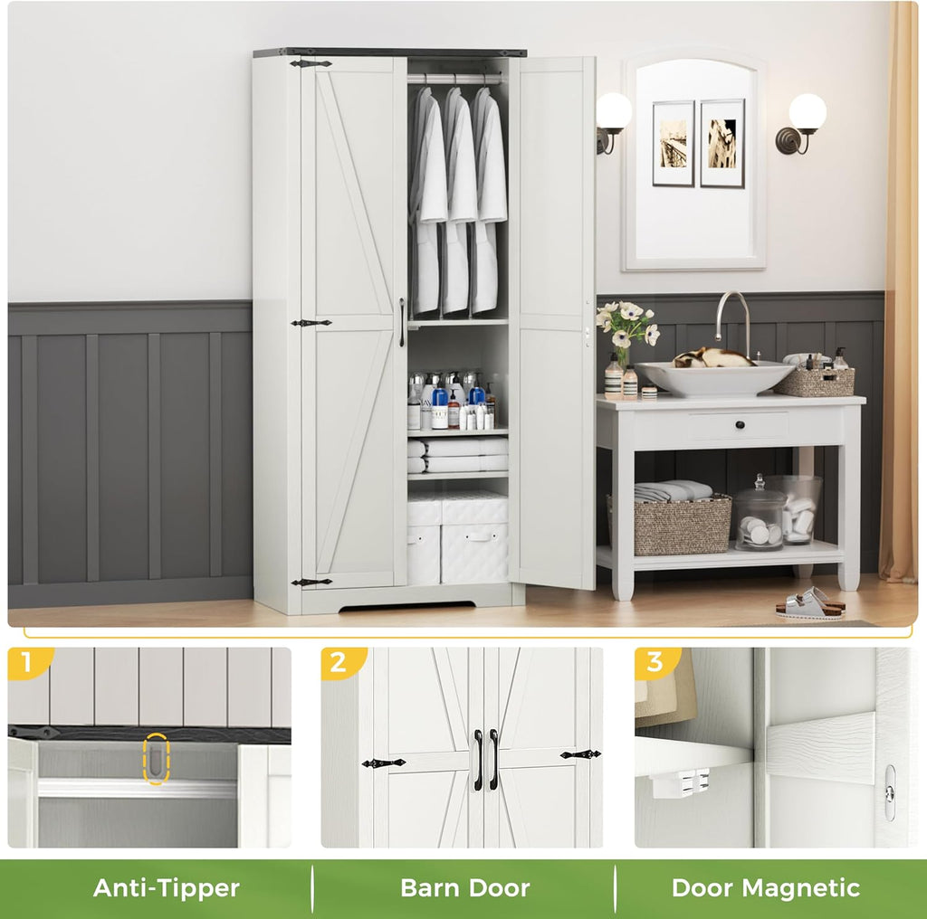 Wardrobe Closet with Doors, 72" Armoire Storage Cabinet with Hanging Rod O8616