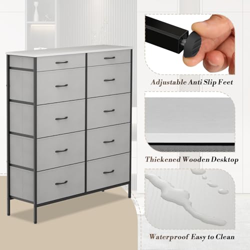 Double Dresser with 10 Drawers, TV Stand Chest of Drawers, Fabric Organizer with Metal Frame and Wooden Top K2520