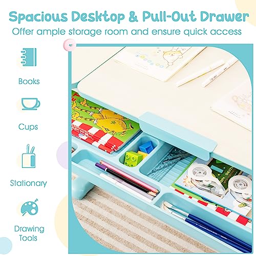 Kids Desk and Chair Set, Height-Adjustable Study Desk with Tiltable Desktop, Ergonomic Chair V578