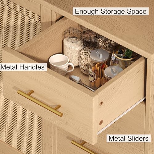 70.9" Kitchen Pantry Cabinet with Microwave Shelf, Rattan Hutch with Charging Station, Tall Floor Cupboard with Drawers and Doors, Black and Natural E348