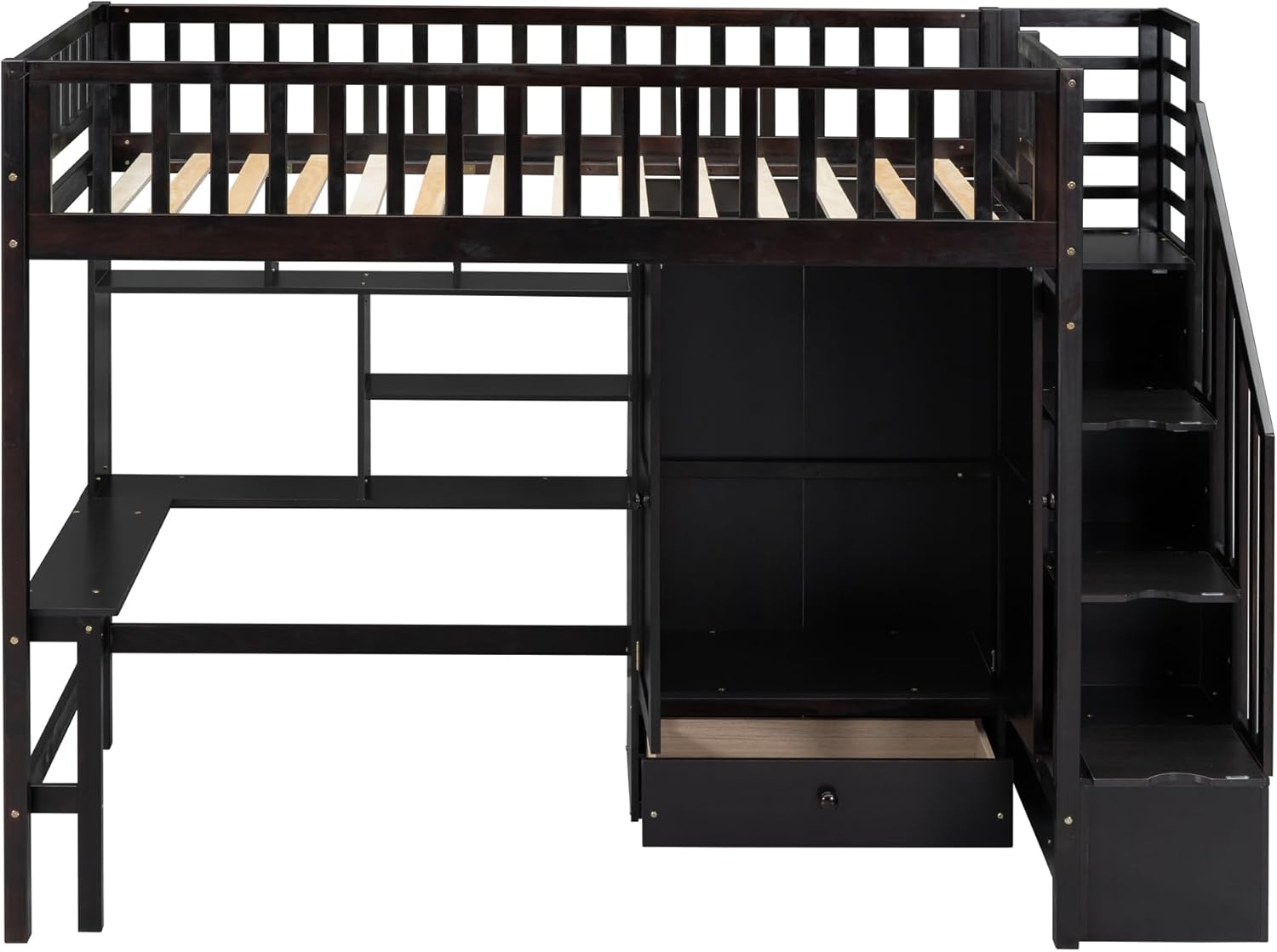 Twin Size Loft Bed with Stairs, Desk, Bookshelf, Drawers and Wardrobe, Solid Wood Frame Q2518