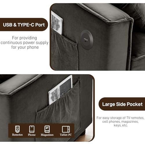 Convertible Sleeper Sofa with Pullout Bed, USB Port, Black Velvet O177