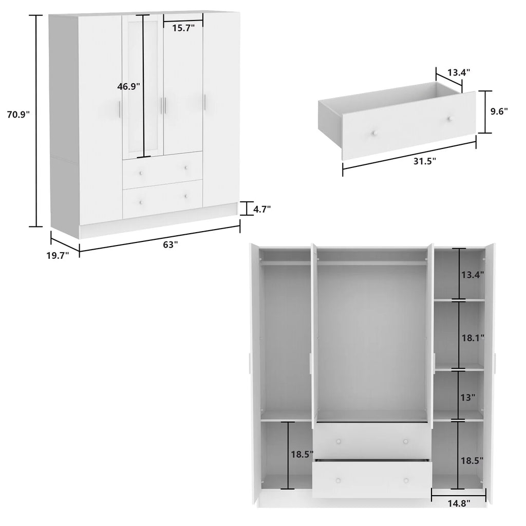 Wooden Wardrobe Closet with Mirror, 4 Doors V54425