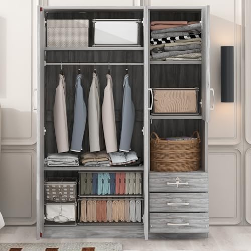 Wooden Wardrobe Closet Organizer with Drawers, Hanging Rail and Shelves, 3 Doors, Grey K181254