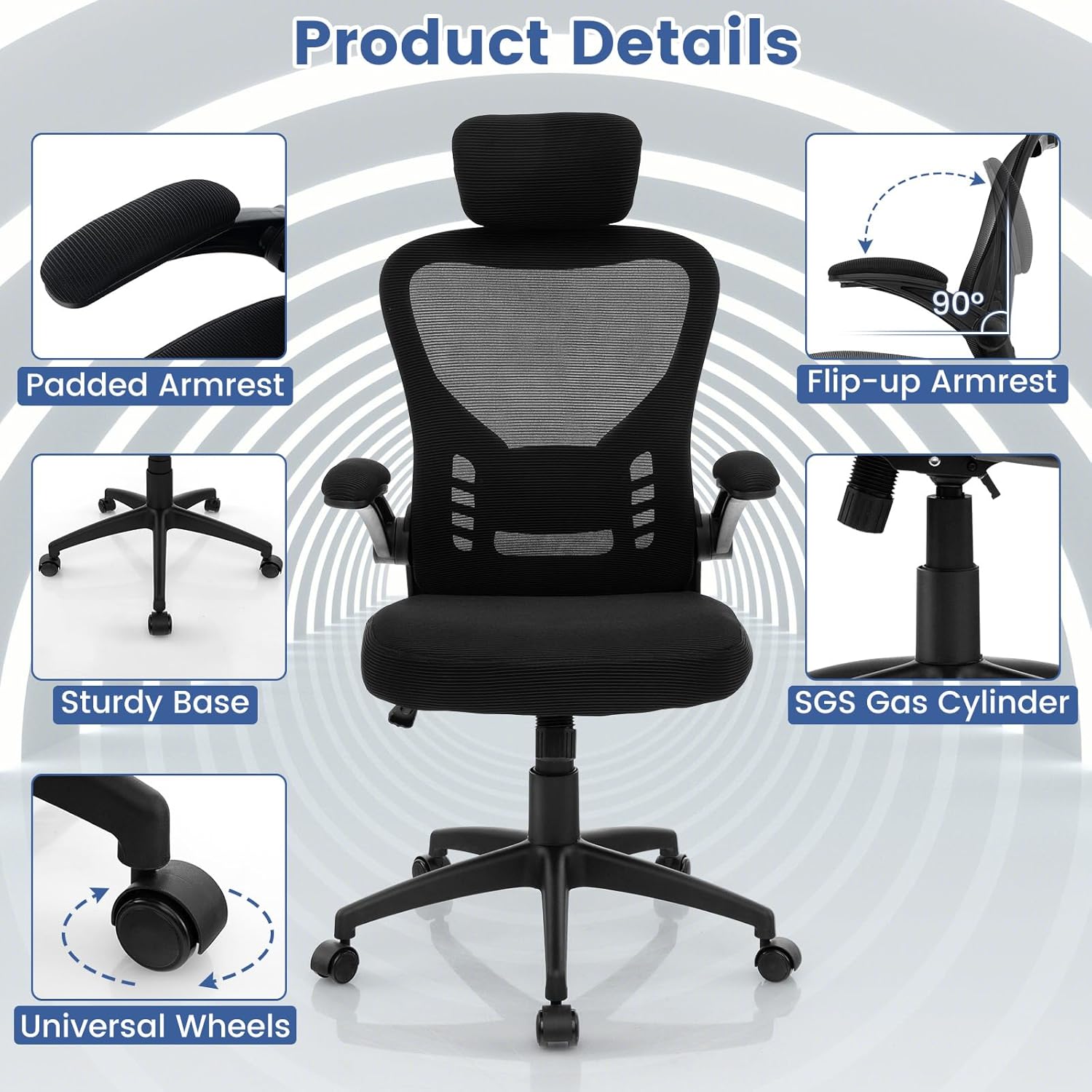 Ergonomic Mesh Office Chair with Adjustable Headrest and Lumbar Support X53350
