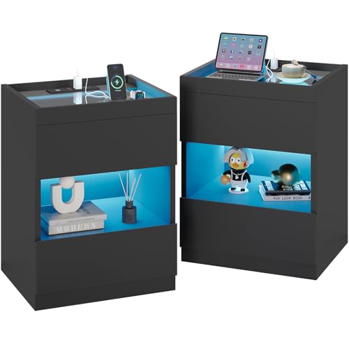 VIAGDO Set of 2 Nightstands with Charging Station and LED Lights, LED Night Stand Set 2 with 2 Drawers and Drawer Organizer, Modern Glass Top Bedside Tables, End Side Tables for Dorms, Bedrooms