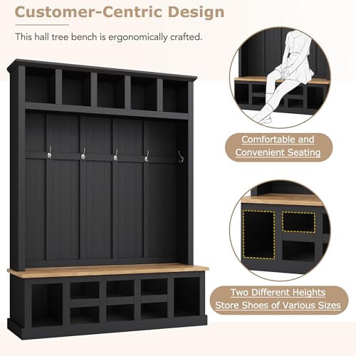 Wide Entryway Hall Tree with Storage Bench and Coat Rack, Black Q955087