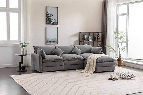 Modular Sectional Sofa with Double Chaises and 4 Pillows, Beige H4063