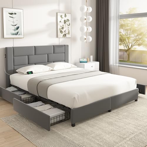 Queen Size Bed Frame with 4 Storage Drawers, Upholstered Platform Bed with Velvet Headboard and Charging Station, Beige P5623