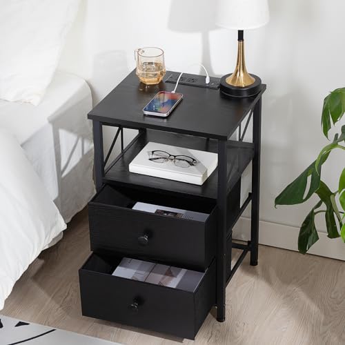 Nightstand Set of 2 with Charging Station, USB Ports and Outlets, Fabric Drawers, Dark Grey W975874