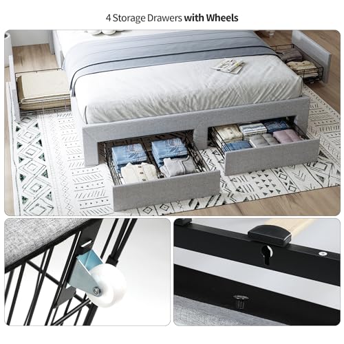 Queen Bed Frame with Storage Headboard and 4 Drawers, LED Upholstered, No Box Spring Needed O38039