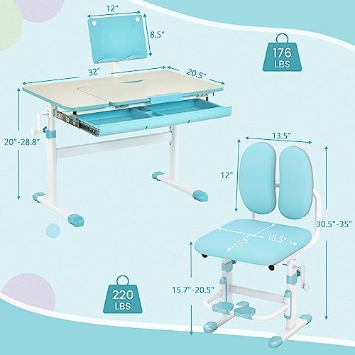 Kids Desk and Chair Set, Height-Adjustable Study Desk with Tiltable Desktop, Ergonomic Chair V578