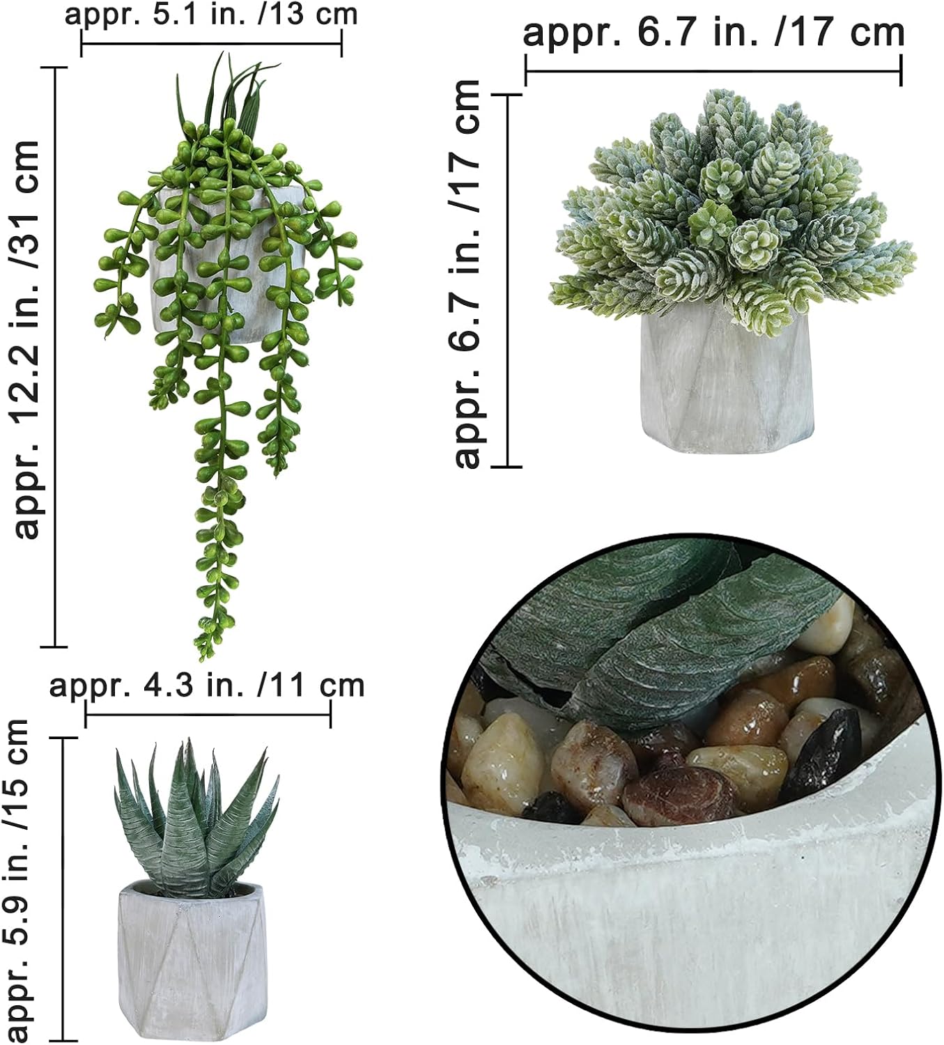 Set of 3 Mini Artificial Succulent Plants in Gray Hexagon Ceramic Pots X1692