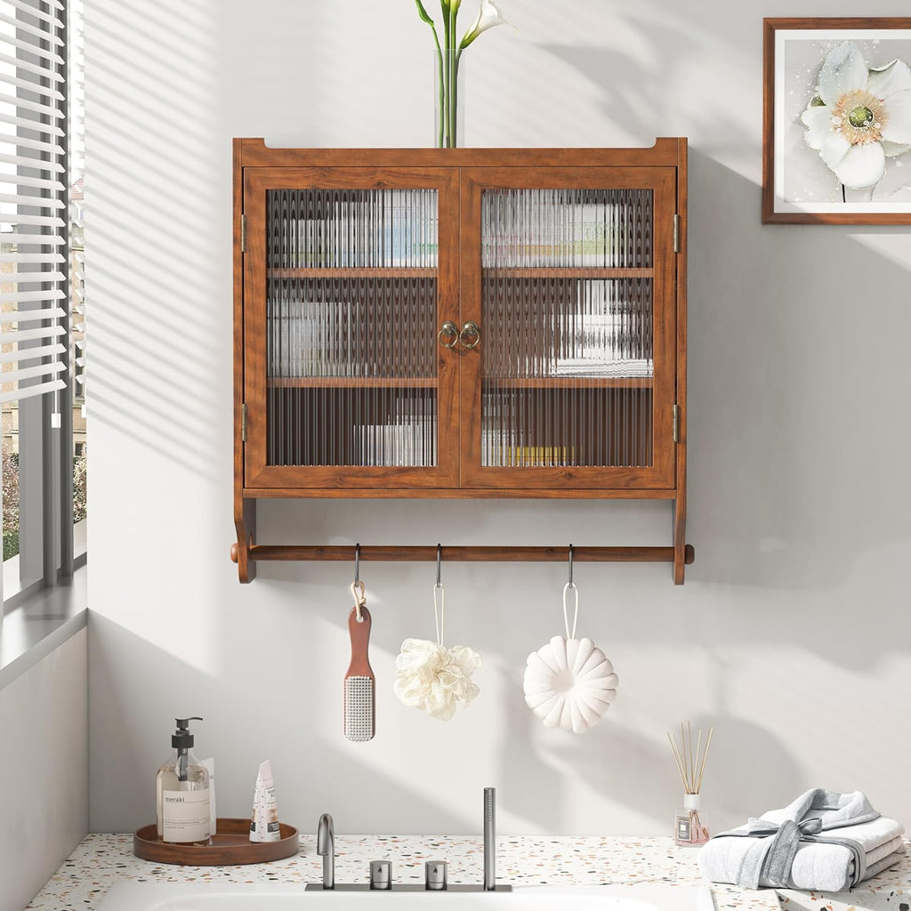 Retro Style Haze Double Glass Door Wood Wall Cabinet with Detachable Shelves for Office, Dining Room,Living Room, Kitchen and Bathroom Brown