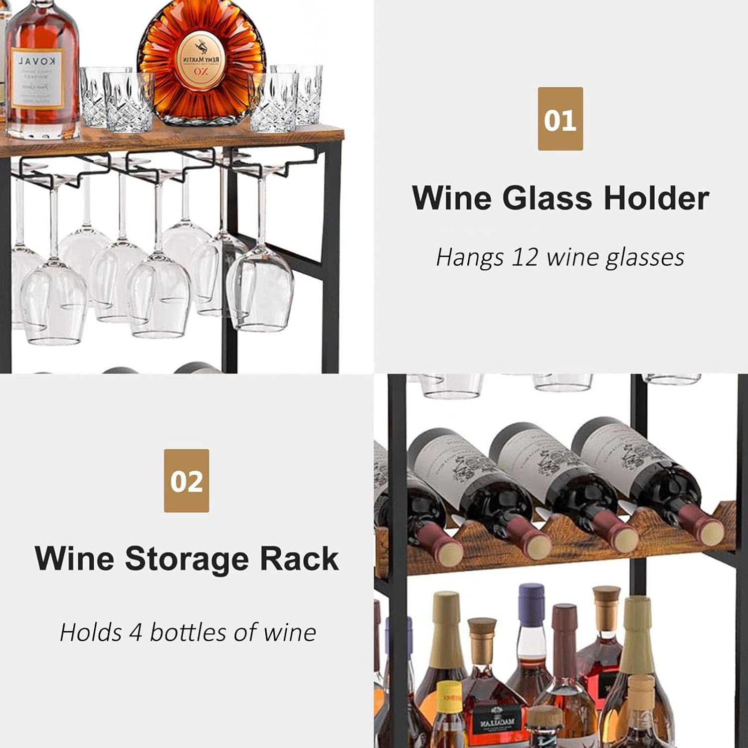Free Standing Floor Liquor Cabinet with Glass Bottle Holder, 3-Tier Display Shelf, Rustic Brown E213