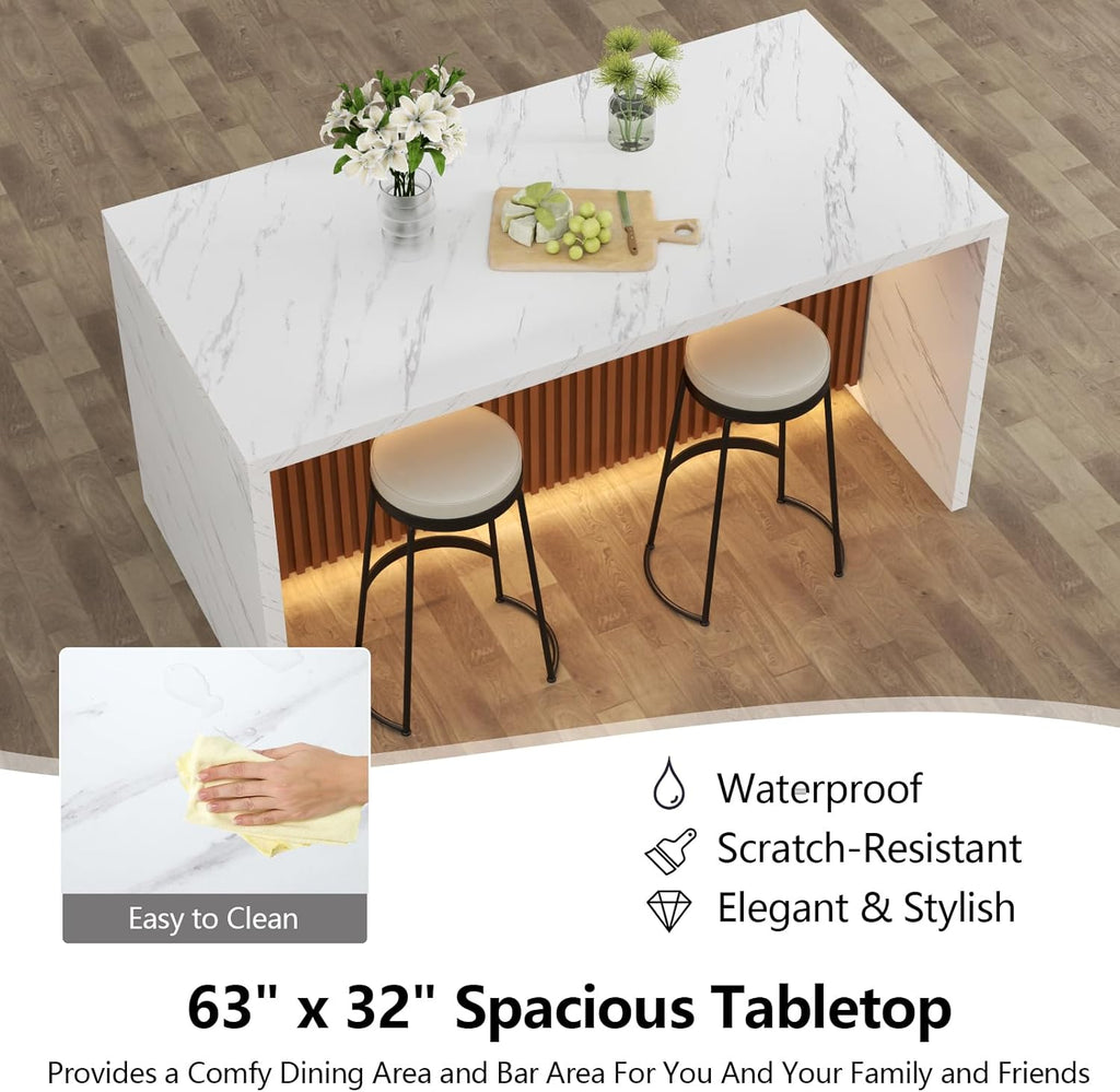 63" Marble Dining Table for 4-6 People with LED Lights T639