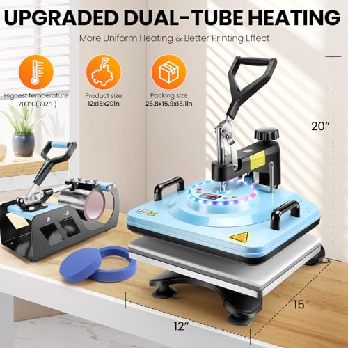 Heat Press 15x12 8 in 1 Swing Away for T Shirts, Mugs, Caps, Plates A2212
