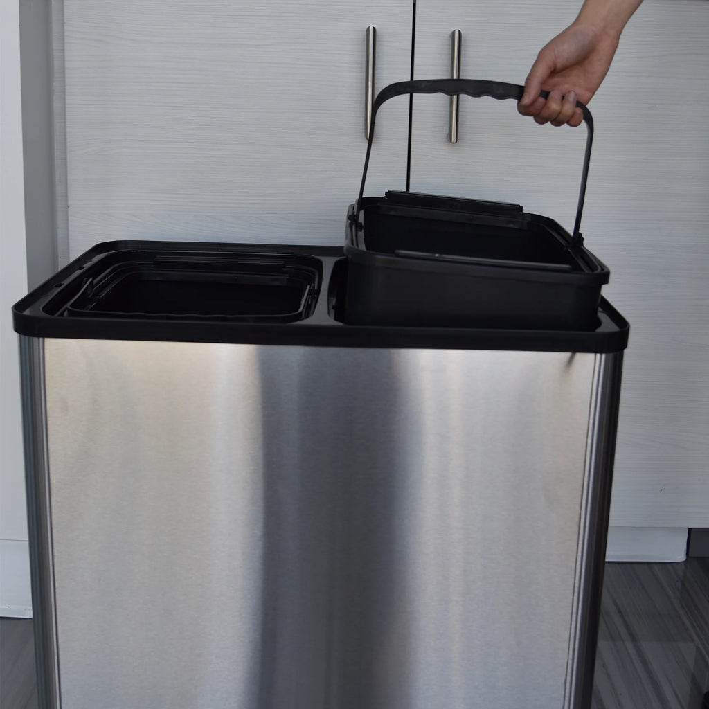16 Gallon Touchless Trash Can and Recycle Bin, Stainless Steel, Dual-Compartment J469