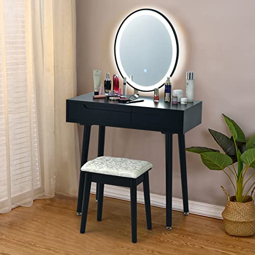 Vanity Set with Touch Screen Mirror, Cushioned Stool, 2 Sliding Drawers Z1837