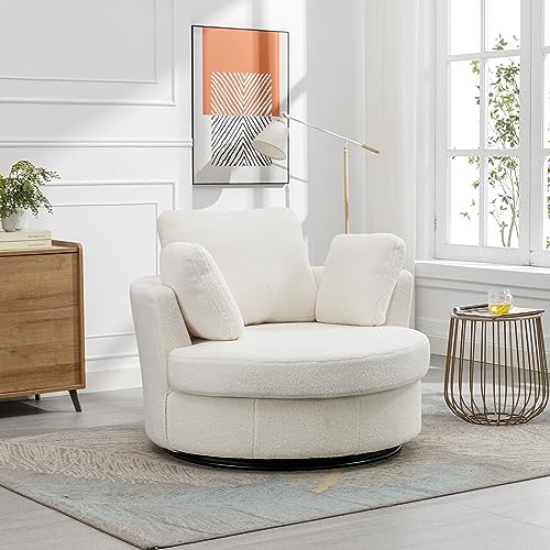 42.2" W Swivel Accent Barrel Chair and Half Swivel Sofa with 3 Pillows 360 Degree Swivel Round Sofa Modern Oversized Arm Chair Cozy Club Chair for Bedroom Living Room Lounge Hotel,Ivory Sherpa