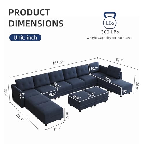 Modular Sectional Sofa with Chaise, 8 Seater Reversible L Shaped Couch, Denim Blue H471