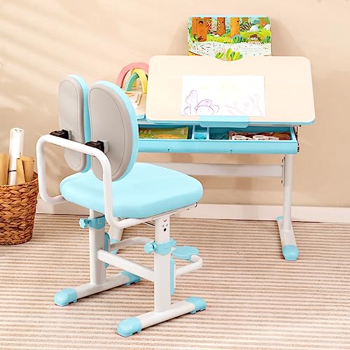 Kids Desk and Chair Set, Height-Adjustable Study Desk with Tiltable Desktop, Ergonomic Chair V578