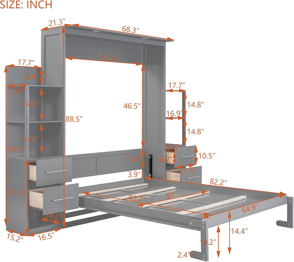 Queen Size Murphy Bed with Drawers and Storage Shelves X1054