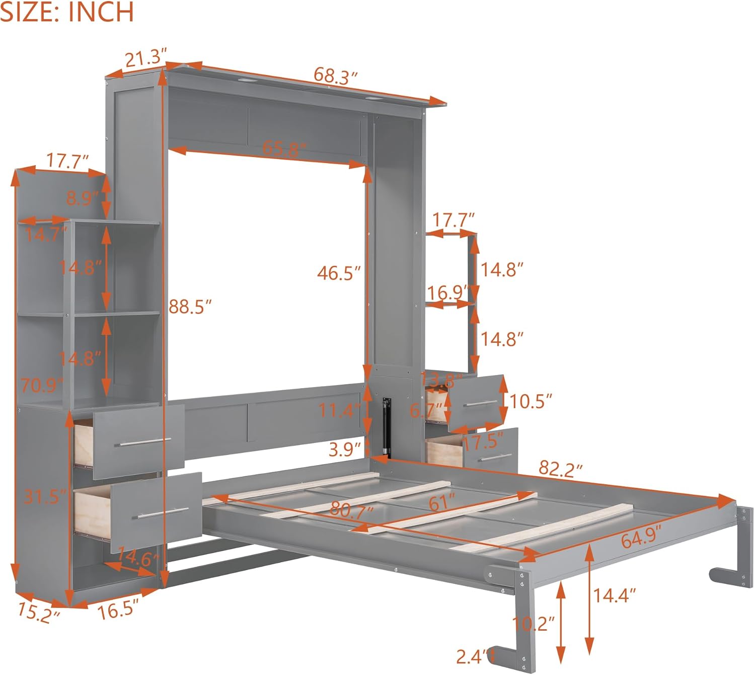 Queen Size Murphy Bed with Drawers and Storage Shelves X1054