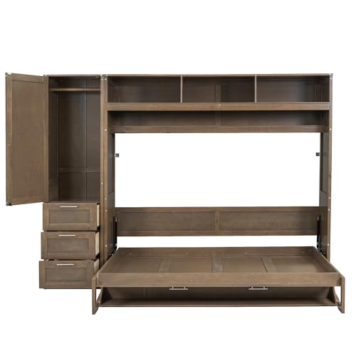 Murphy Bed with Wardrobe, Solid Wood Wall Bed with Drawers and Shelves M422945
