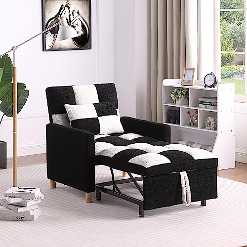 3-in-1 Convertible Sleeper Sofa Chair Bed, Adjustable Sofa Chair with Pillow, Multi-Functional Sleeper Chair velvet Fabric with Adjustable Backrest for Living Room Bedroom Office (Black White)