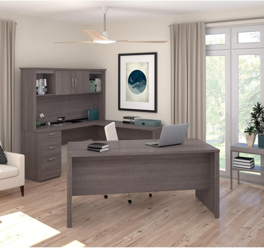 Modern Motifs U-Shaped Executive Desk with Pedestal and Hutch in bark grey