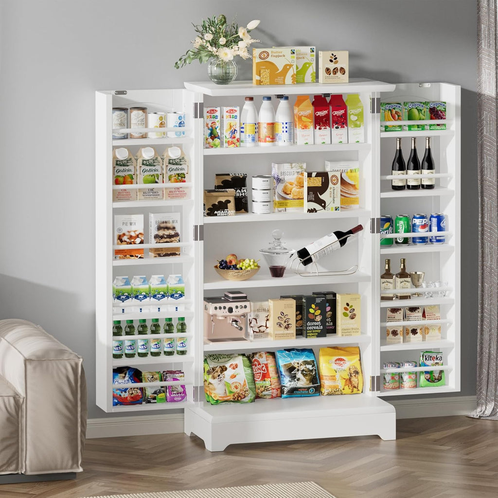 Kitchen Pantry Storage Cabinet with Doors and Adjustable Shelves, White I4469