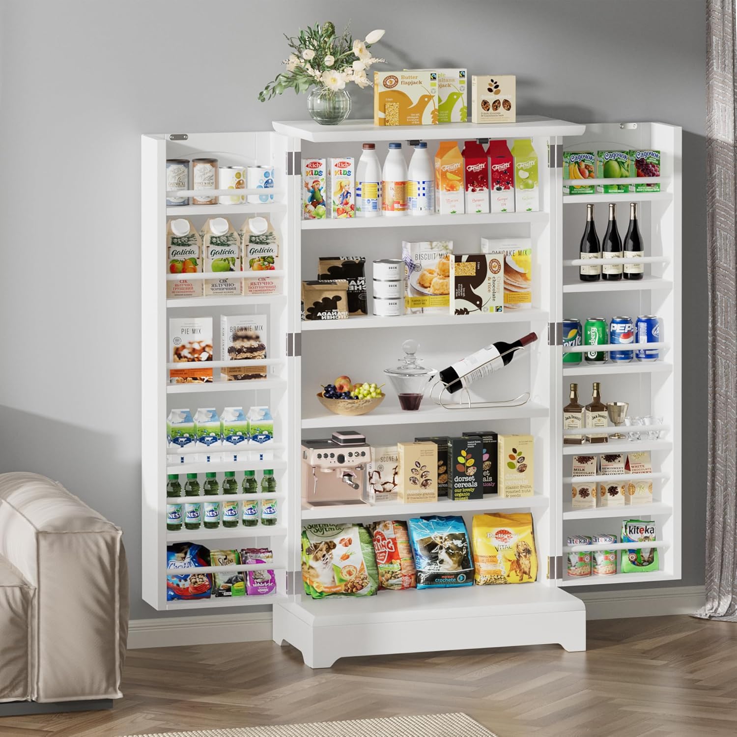 Kitchen Pantry Storage Cabinet with Doors and Adjustable Shelves, White I4469