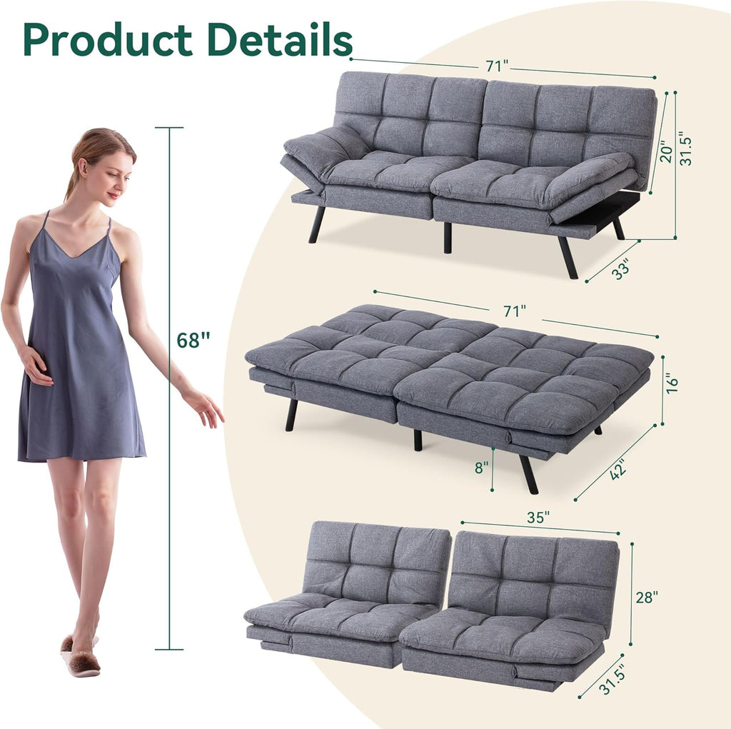Convertible Futon Sofa Bed, Gray Memory Foam S89012