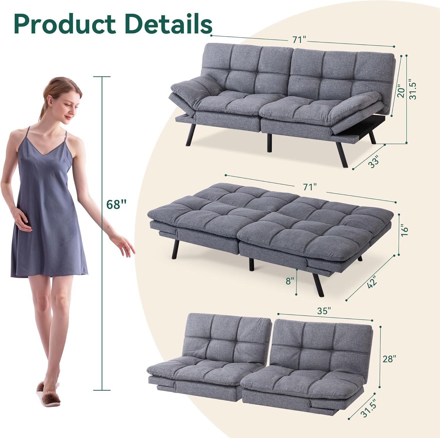 Convertible Futon Sofa Bed, Gray Memory Foam S89012
