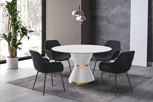 Modern Dining Table with Round Glass or Sintered Stone Top, White Steel, Seats 6-10, 60" Wide, Black G857478
