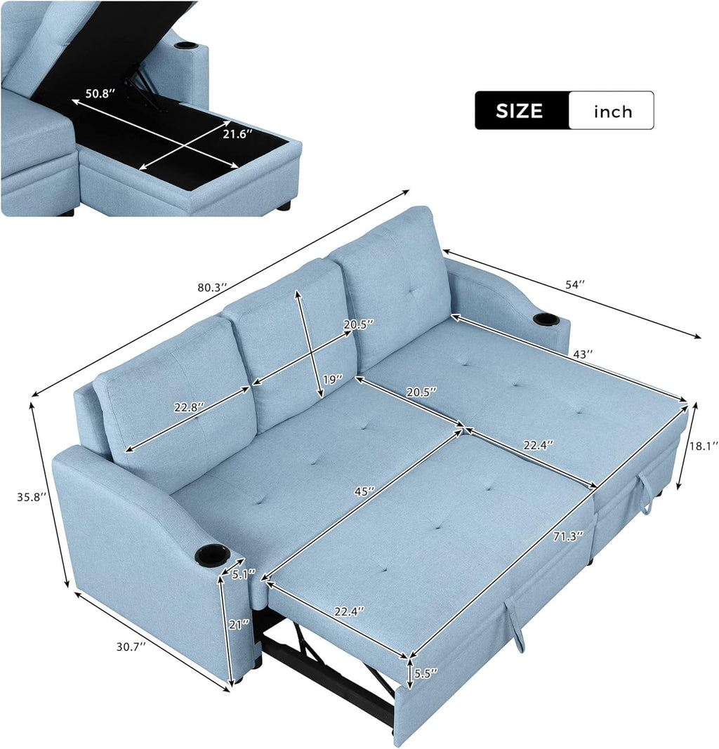 L-Shape Convertible Sleeper Sofa with Pull-Out Bed and Storage Chaise, Blue O64215